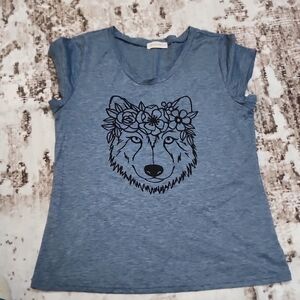 Blue Graphic Tee with Wolf Design